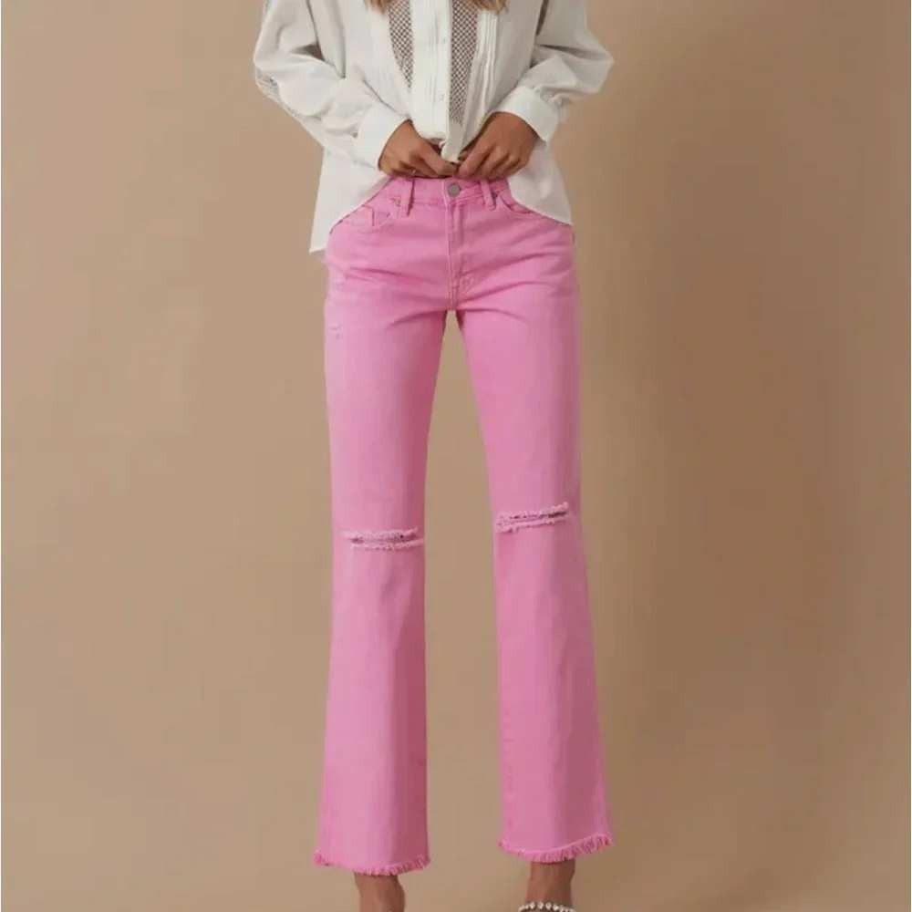 Insane Gene Pink Distressed Wide Leg Jeans High Rise Frayed Hem Size 7/27